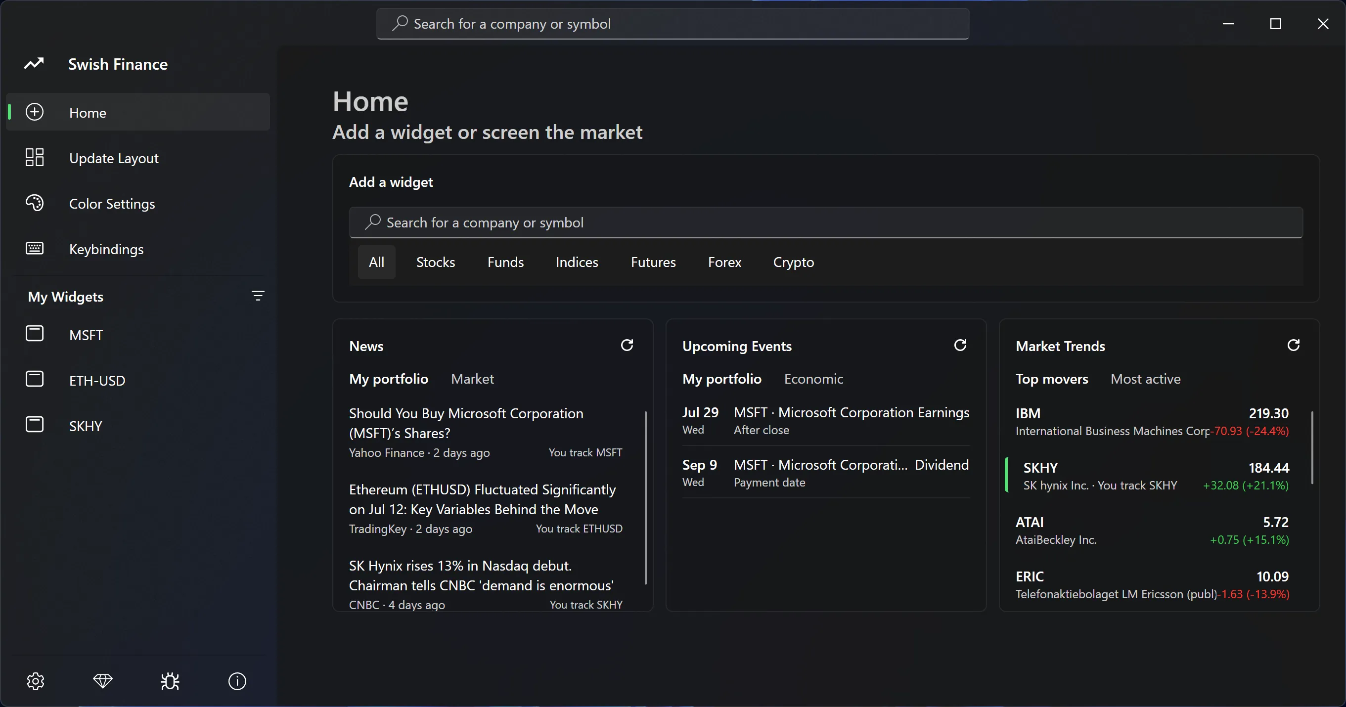 Swish Finance home page showing market news, trending tickers, and upcoming market events.