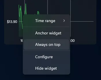 A Swish Finance widget context menu with Time range, Anchor widget, Always on top, Configure, and Hide widget commands.